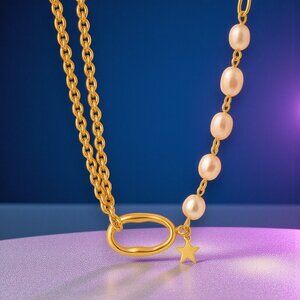 Freshwater Pearl Star Dainty Pendant Necklace 18K Gold Plated Stainless Steel